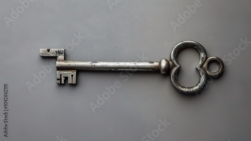 House key isolated on gray background - a symbol of home and security. This image shows a house key standing alone against a muted gray backdrop, evoking a sense of stability and access