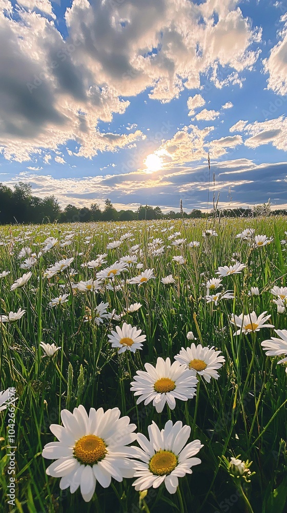 A picturesque field adorned with vibrant daisies under a dramatic sky filled with clouds and sunlight, creating a serene natural landscape. A picturesque field adorned with vibrant daisies under a dramatic sky filled with clouds and sunlight, creating a serene natural landscape.