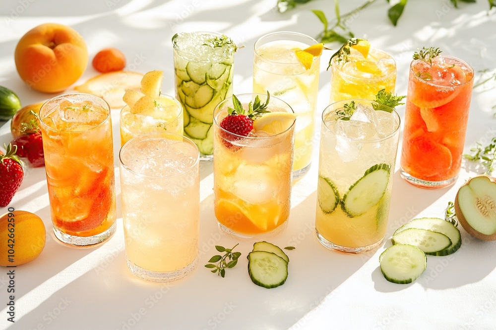 Fototapeta premium A variety of summer cocktails, presented on an elegant white table
