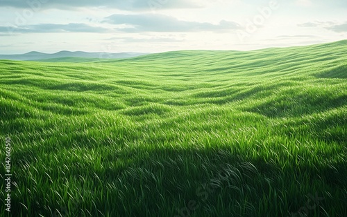 Vibrant green grass sways gently in the breeze, creating a serene and picturesque landscape under soft, cloudy skies.