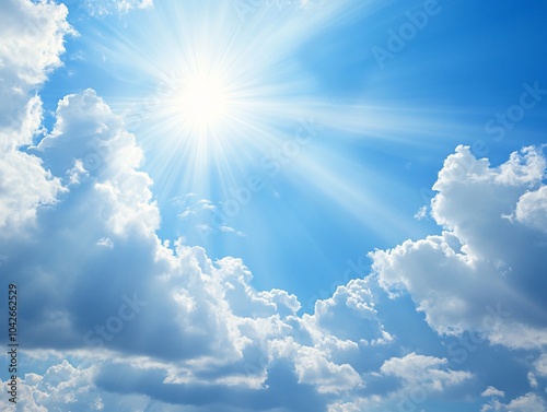 Bright sunlight beams through fluffy white clouds, illuminating a clear blue sky. A perfect representation of a warm, sunny day in nature.