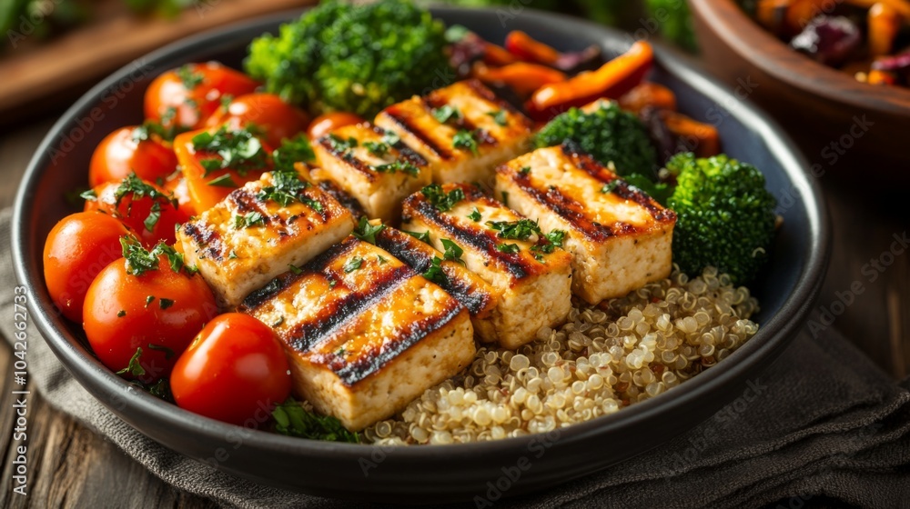 Grilled Tofu Bowl with Quinoa, Broccoli, and Cherry Tomatoes