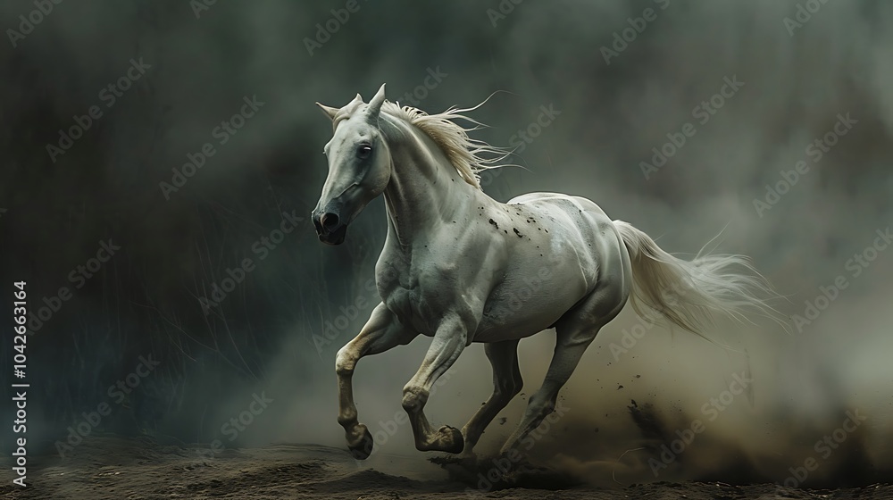 Obraz premium A white horse sprints ahead through dust against a dark backdrop