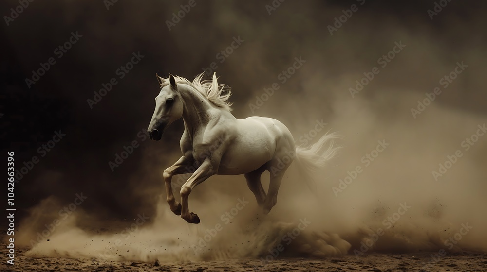 Fototapeta premium A white horse sprints ahead through dust against a dark backdrop