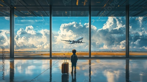 In the airport, an empty waiting area with large glass windows that showcase a blue sky and black clouds outside. A little boy stands by his suitcase in front of it, watching an airplane take off.