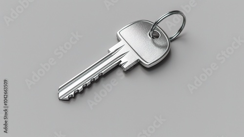 House key isolated on gray background - a symbol of home and security. This image shows a house key standing alone against a muted gray backdrop, evoking a sense of stability and access