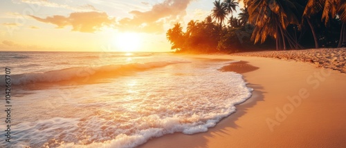 Serene beach at sunset with gentle waves and palm trees.