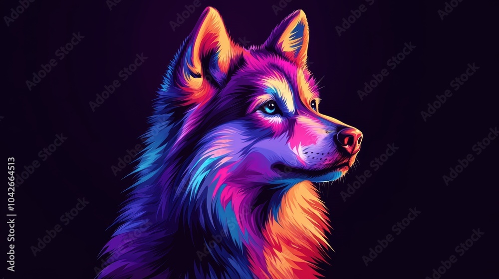 vector illustration of Siberian Husky minimal graphic - no realistic photo shading high resolution high definition neon vibrant colors. black background.