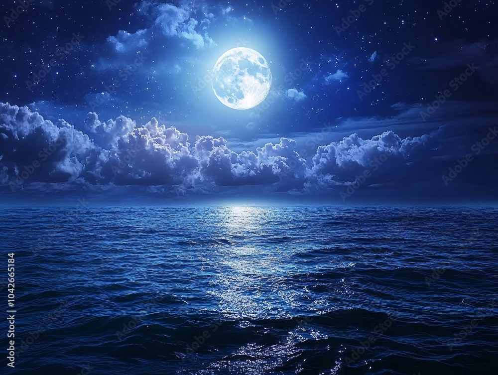 A serene night scene featuring a luminous full moon reflecting on calm ocean waters under a starry sky with scattered clouds. A serene night scene featuring a luminous full moon reflecting on calm ocean waters under a starry sky with scattered clouds.