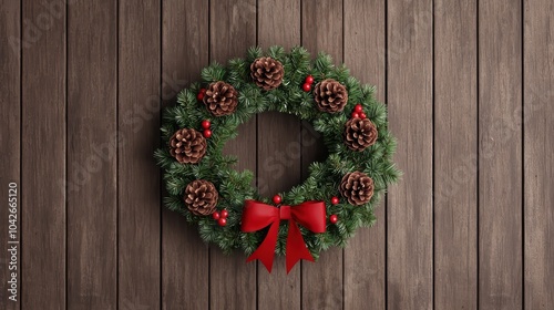 Festive Wreath with Pine Cones and Red Ribbons