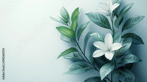 Elegant white flower and leaves against a soft blue background.