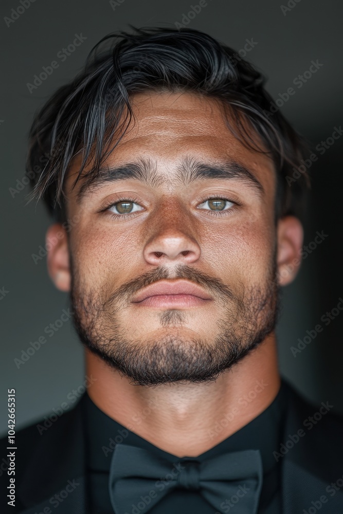 Confident Young Man in Formal Attire with Striking Features and Intense Gaze Confident Young Man in Formal Attire with Striking Features and Intense Gaze