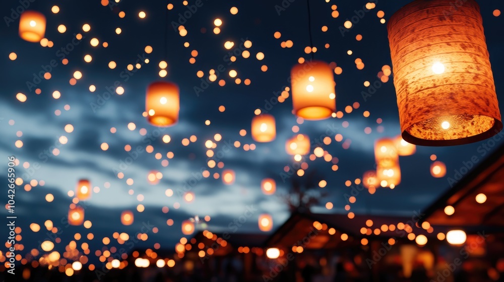 Enchanting night scene with glowing lanterns in the sky Enchanting night scene with glowing lanterns in the sky