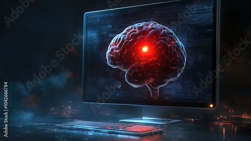 A brain is shown on a computer monitor with a glowing red spot 