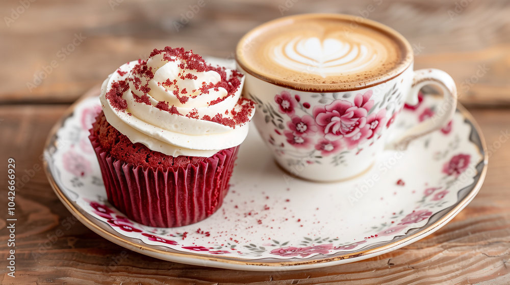 Red Velvet Cupcake with Coffee on Wooden Table Red Velvet Cupcake with Coffee on Wooden Table