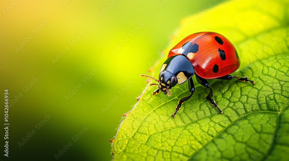 Macro shot of a single insect, featuring a ladybug on a vibrant green leaf with intricate detail, against a softly blurred natural background. Macro shot of a single insect, featuring a ladybug on a vibrant green leaf with intricate detail, against a softly blurred natural background.