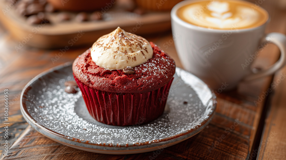 Red Velvet Cupcake with Coffee on Wooden Table Red Velvet Cupcake with Coffee on Wooden Table