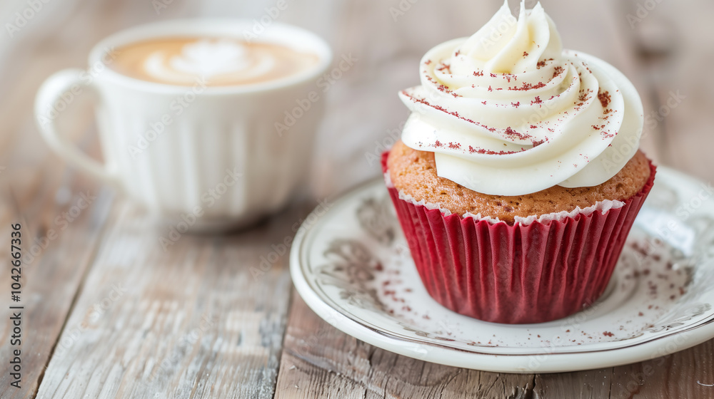 Red Velvet Cupcake with Coffee on Wooden Table Red Velvet Cupcake with Coffee on Wooden Table