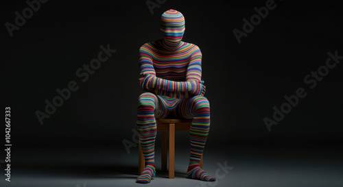 Colorful abstract figure made from interwoven strands of yarn sits on a simple wooden stool on dark background. photo