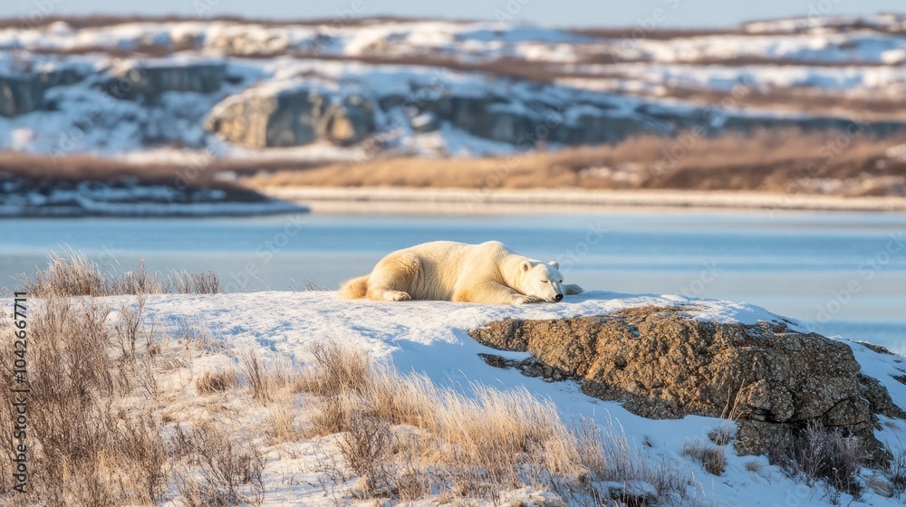 A polar bear resting on a snowy landscape near a calm body of water. A polar bear resting on a snowy landscape near a calm body of water.