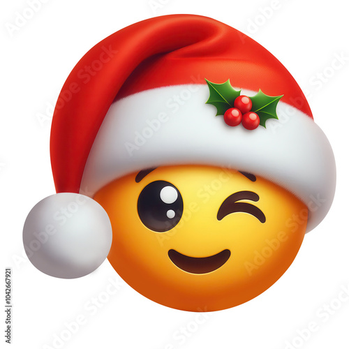 3D Winking Emoji with Santa Hat and Holly - Festive Christmas Clip art Image photo