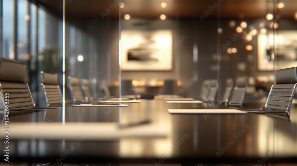 Modern conference room with a long table, chairs, and artistic decor. Modern conference room with a long table, chairs, and artistic decor.