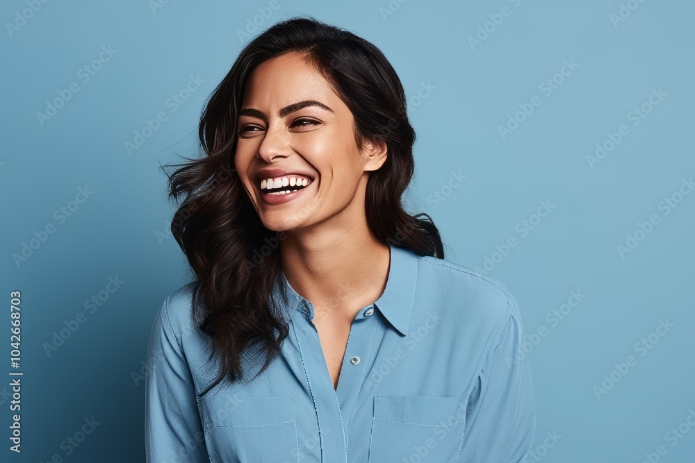 Portrait of a beautiful young woman laughing and looking at camera over blue background Portrait of a beautiful young woman laughing and looking at camera over blue background