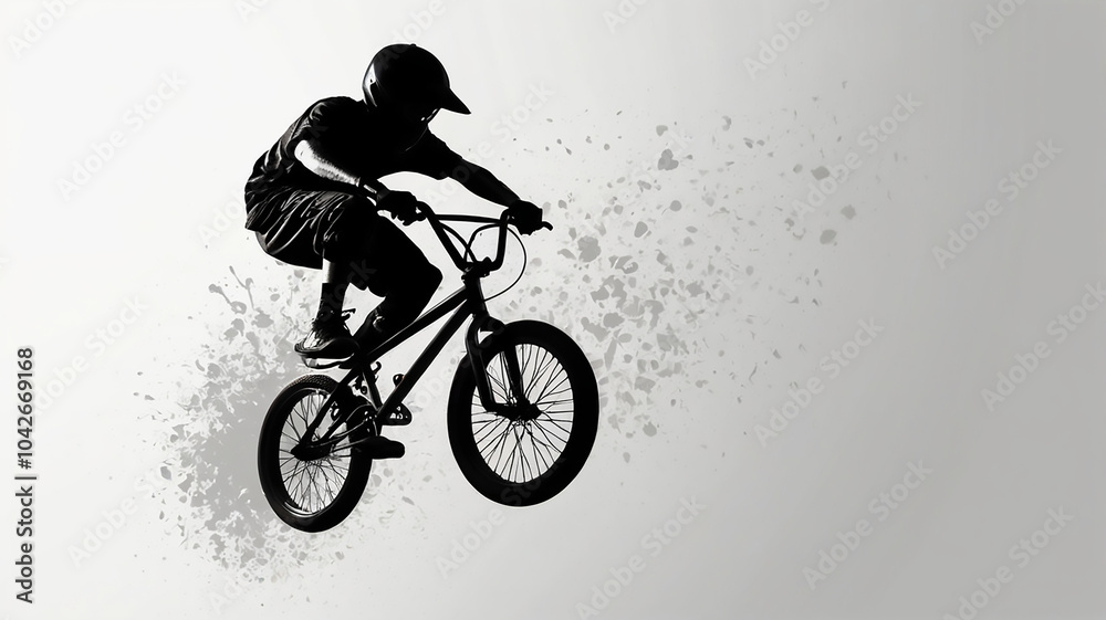 Dynamic silhouette of a BMX rider mid-trick, set against an energetic splattered background, showcasing skill, motion, and excitement. Dynamic silhouette of a BMX rider mid-trick, set against an energetic splattered background, showcasing skill, motion, and excitement.