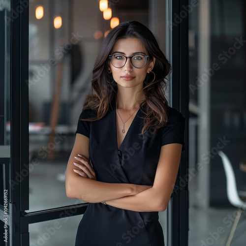 Professional Female Executive Poised in Contemporary Office, Dressed in Elegant Minimalist Outfit, Amidst a Transparent Background and a Spacious, Uncluttered Workspace to Emphasize Her LeadershipAura