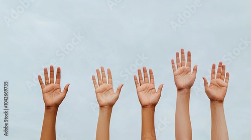 Several raised hands against a light sky, symbolizing unity, support, or celebration in a diverse community.