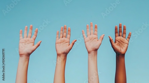 Description A diverse group of hands raised against a clear blue sky, symbolizing unity, support, and inclusion.