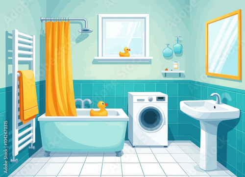 Cartoon Bathroom with Turquoise Tiles and Yellow Rubber Duckies