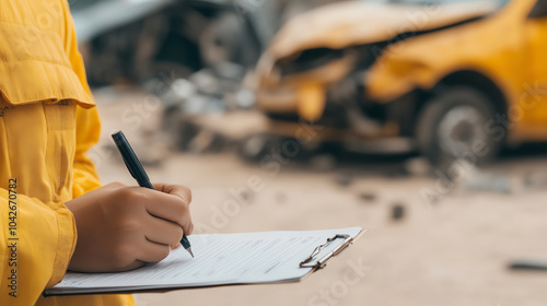 A person wearing a yellow jacket writes on a clipboard amidst damaged vehicles, capturing the essence of post-accident assessment in an industrial setting.