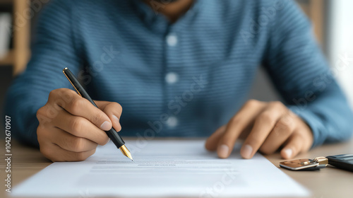 A person writing on a document with a pen, focusing on important tasks and documents, conveying professionalism and attention to detail.