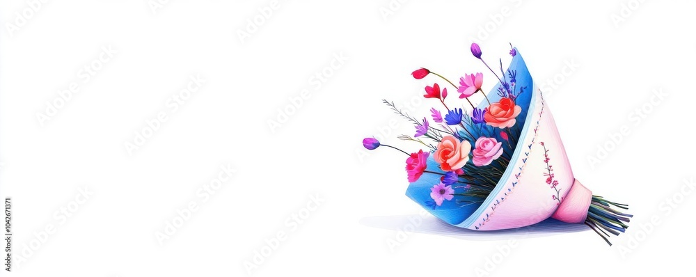 Obraz premium Ethereal bouquet of wild blooms, wrapped in hand-stitched folk fabric, soft pink and blue tones, romantic illustration