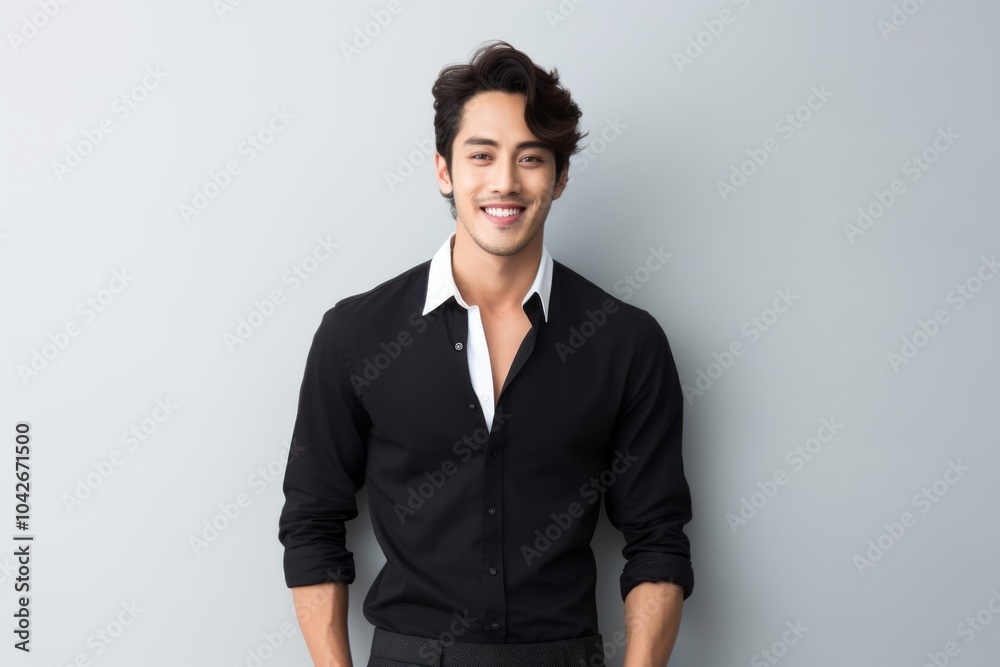 Portrait of happy young handsome man in black shirt on grey background Portrait of happy young handsome man in black shirt on grey background