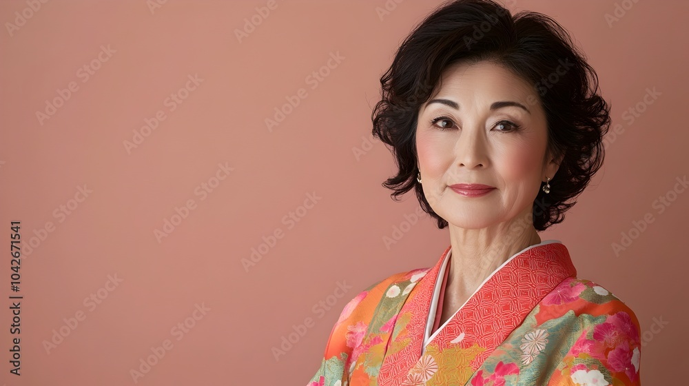 A portrait shot of a middle aged Japanese woman dressed in a sophisticated modern kimono A portrait shot of a middle aged Japanese woman dressed in a sophisticated modern kimono