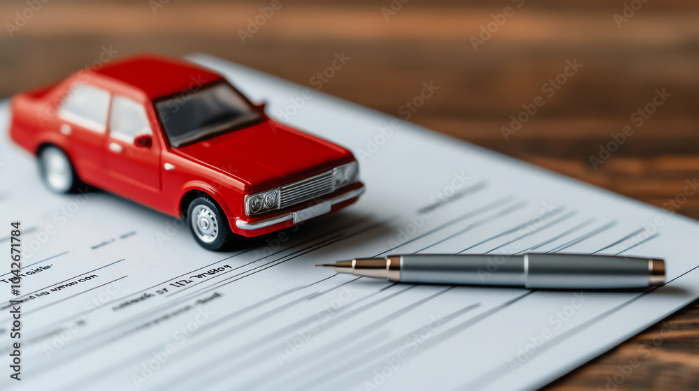 A red toy car on a vehicle registration form with a silver pen, representing vehicle ownership and paperwork in the automotive industry.