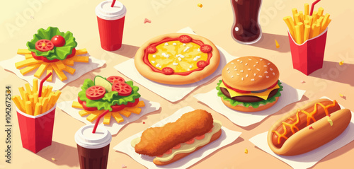 Fast Food Feast - Pizza, Burger, Hot Dog, Fries, and Soda. 
