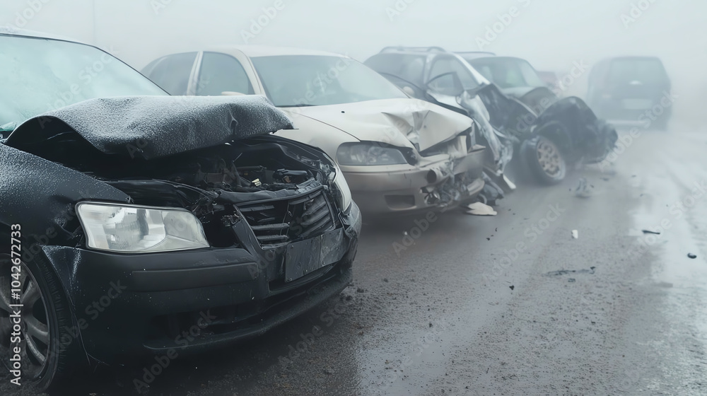 Naklejka premium A series of damaged cars in a foggy environment, showcasing the aftermath of an accident, with crumpled hoods and broken glass.