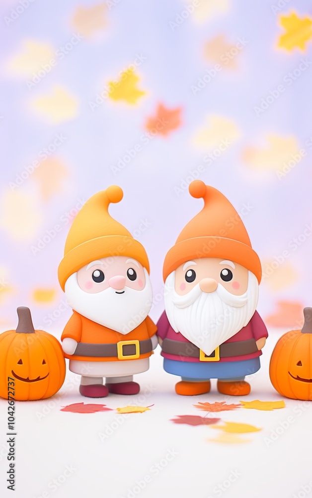 Fototapeta premium Two cheerful gnomes in bright hats stand among playful pumpkins and colorful leaves, creating a delightful autumn scene.