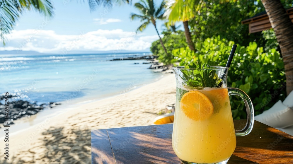 Obraz premium Refreshing Lemonade Pitcher on Beachside Table