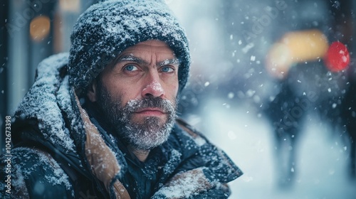 A Gritty Portrait of a Man Braving the Winter Elements in a Snowy Urban Landscape Capturing the Spirit of Resilience and Endurance