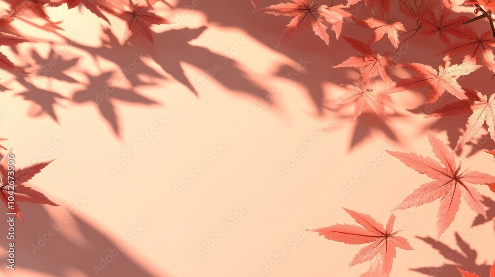A serene arrangement of red maple leaves casting shadows on a soft pastel background. A serene arrangement of red maple leaves casting shadows on a soft pastel background.