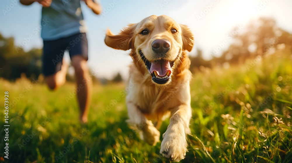 Happy dog running in the grass with owner during a sunny day outdoors. Happy dog running in the grass with owner during a sunny day outdoors.