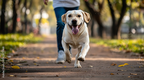 Happy dog running on a path with a person walking in a park.