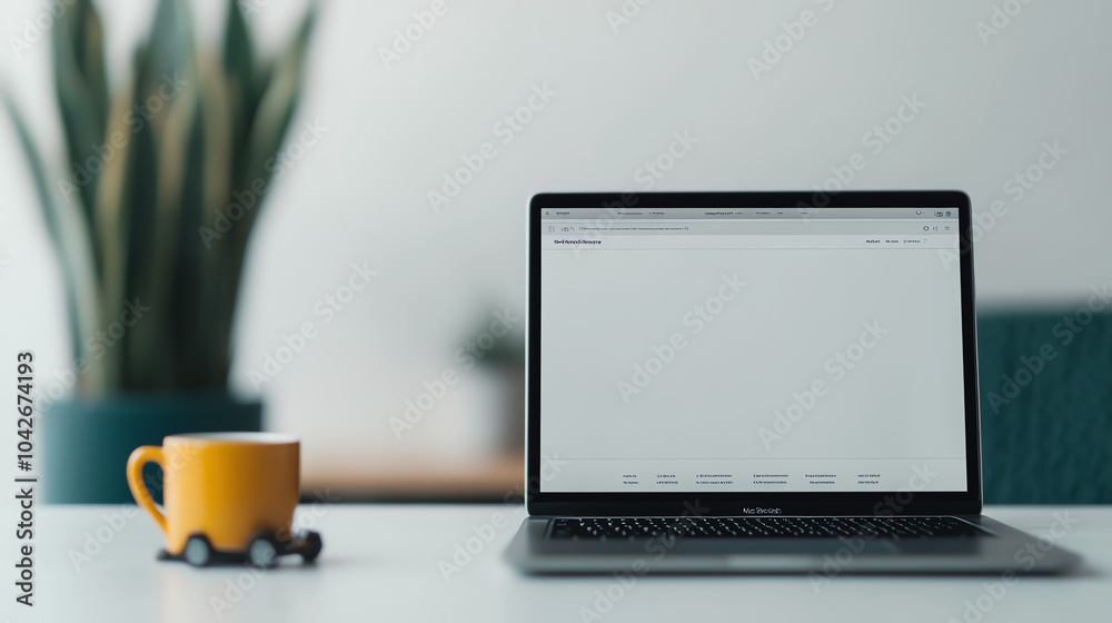 A stylish laptop positioned on a desk beside a vibrant yellow mug, with a blurred background to enhance focus on the workspace. A stylish laptop positioned on a desk beside a vibrant yellow mug, with a blurred background to enhance focus on the workspace.