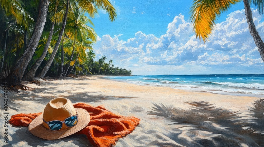 Tranquil Beach Scene with Towel and Hat Tranquil Beach Scene with Towel and Hat