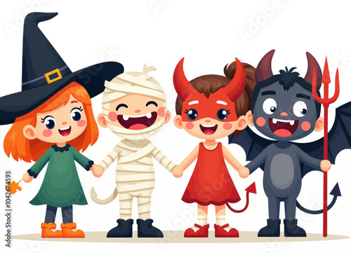 Kids in Halloween Costumes 
keywords: kids, halloween, costumes, trick or treat, cute, cartoon, illustration,  holiday 
