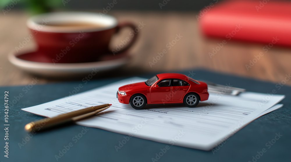 A vibrant red toy car on paperwork with a pen and a cup of coffee in the background, symbolizing auto loans or car purchases.